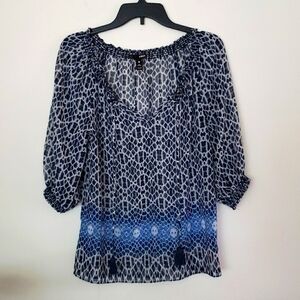 Aqua blouse diamond abstract print, tassels, puff sleeve, semi sheer size small.